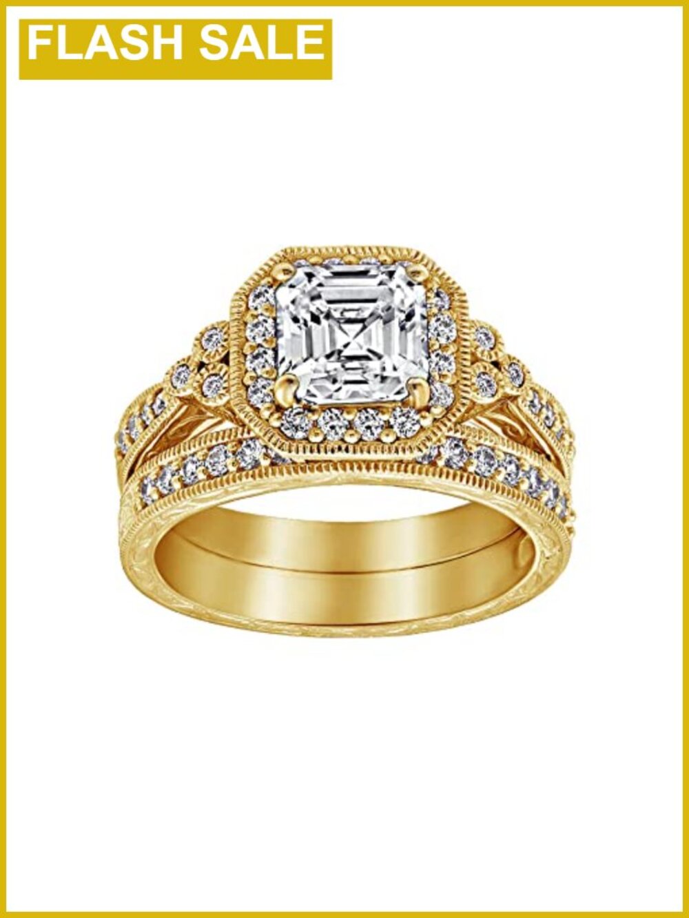 Gold Plated Sterling Silver Asscher-Cut Cubic Zirconia Antique Ring Set